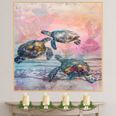Abstract Watercolor of Three Sea Turtles Swimming Over Ocean Waves with Textured Pastel and Splash Background on Ready to Hang 1.5" Thick Canvas Wrap, Floating Framed Canvas, Flat Rolled Canvas